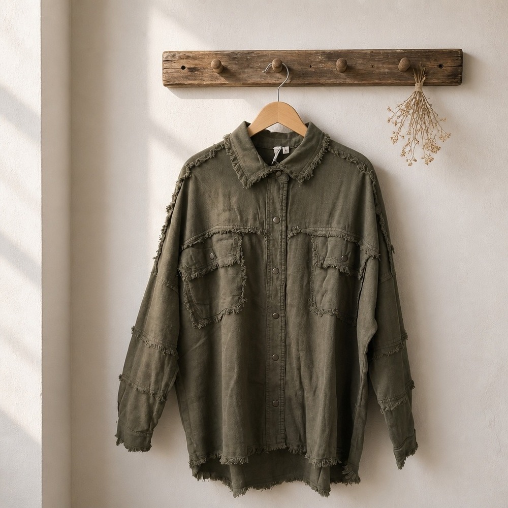 Hello Gorgeous Olive Green All You Need Is Love Fringed Shacket Jacket Large NWT